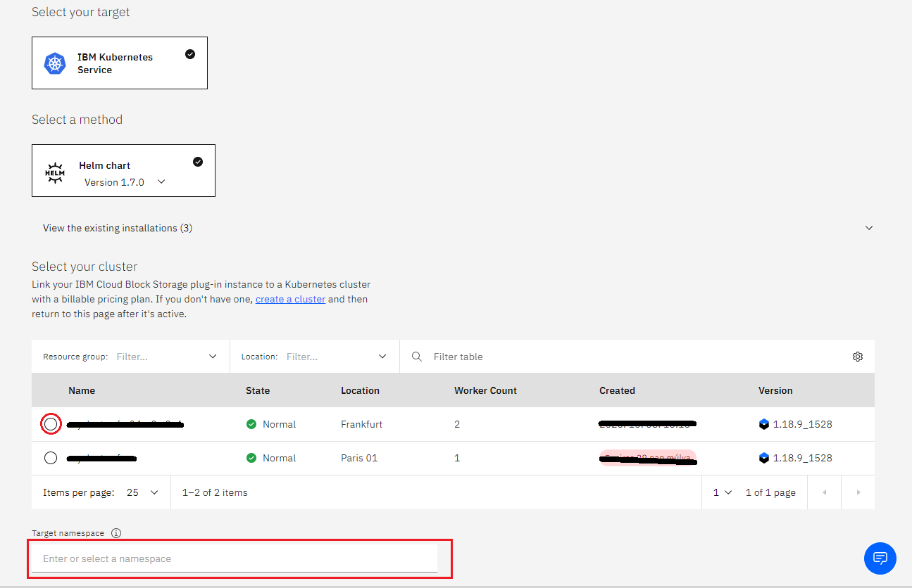 IBM namespace selection